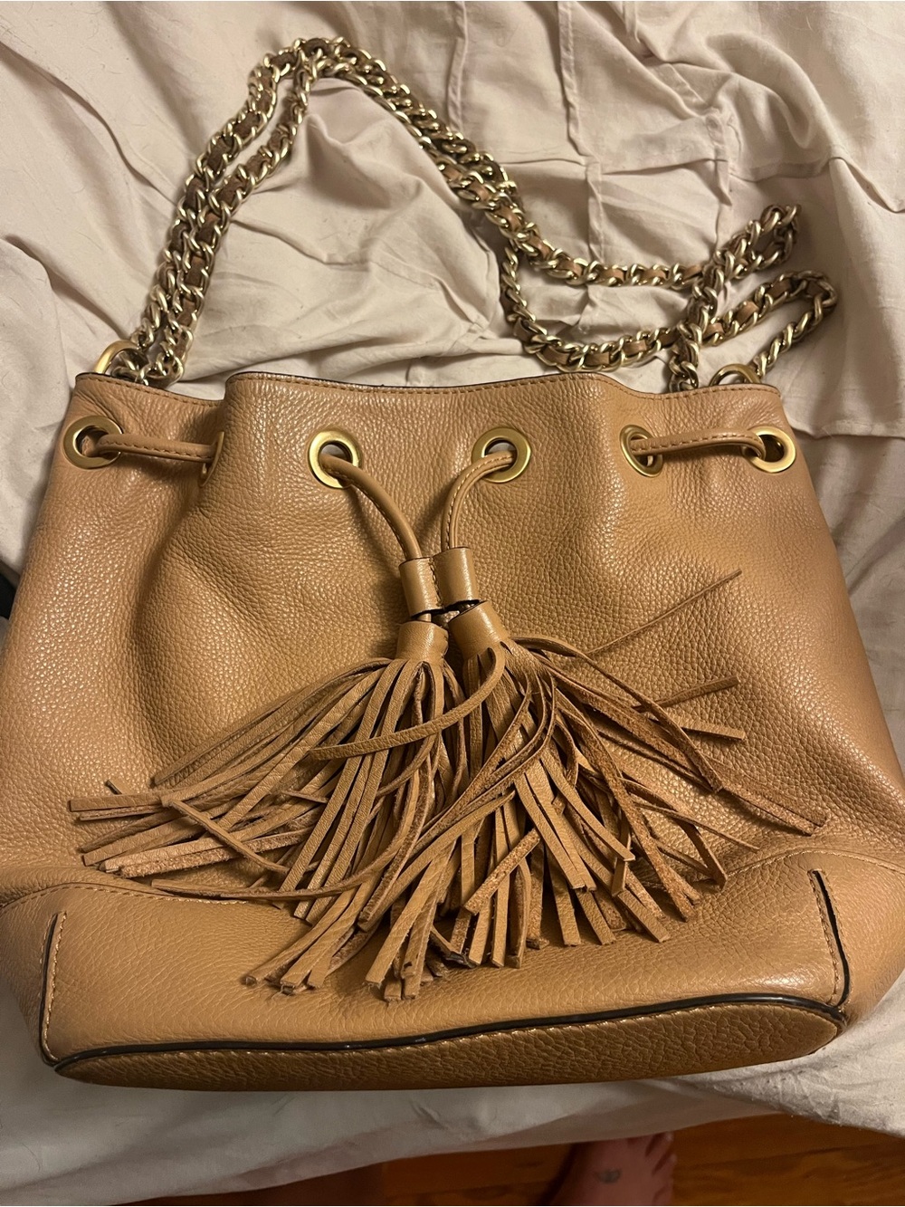 Rebecca Minkoff Tan Pebbled Leather Tassel Drawstring Shoulder Bag